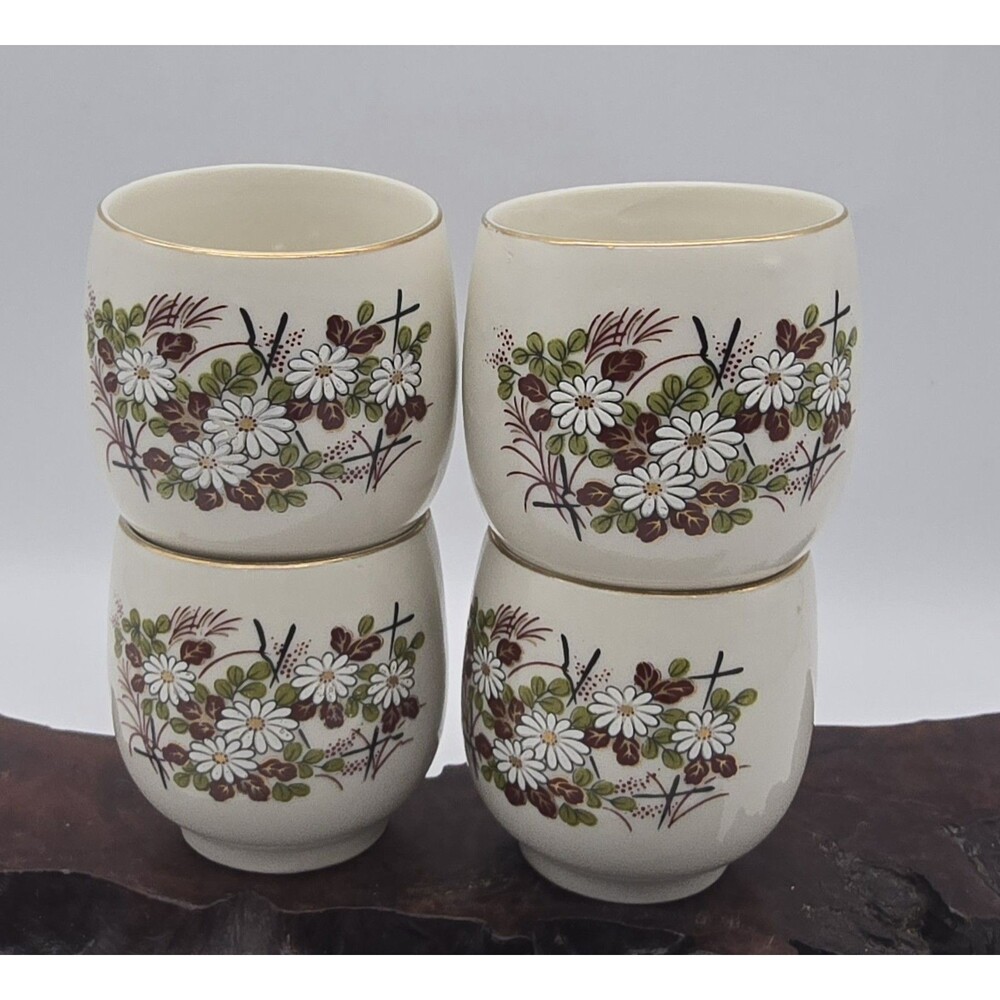 Vintage Japanese Sake Tea Cups Floral & Gold Trim 4 Pc Set